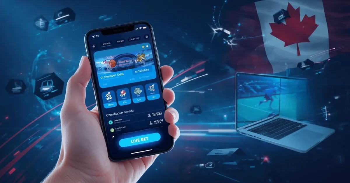 Smartphone affichant une application de paris sportifs avec bouton “Live Bet”, accompagné d’un ordinateur portable et d’un drapeau canadien en arrière-plan.