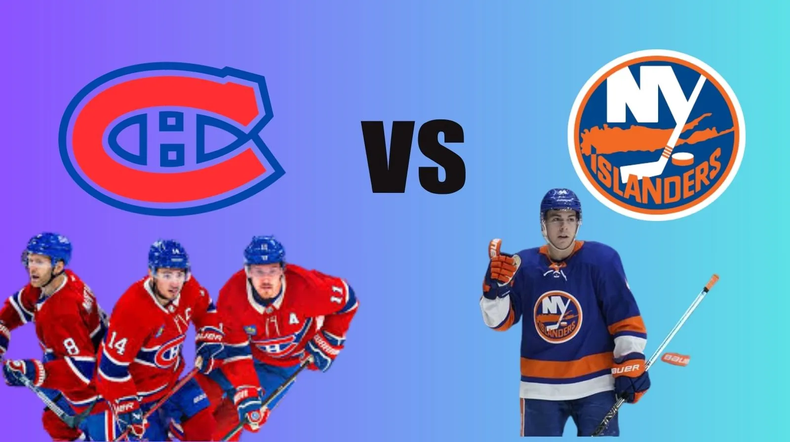 Affiche de match NHL entre Montréal et New York Islanders avec logos des équipes et joueurs en tenue rouge et bleu sur fond dégradé.