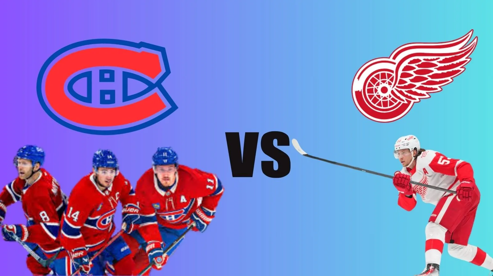 Visuel de confrontation NHL entre Montréal Canadiens et Detroit Red Wings avec logos et joueurs en action sur fond coloré.