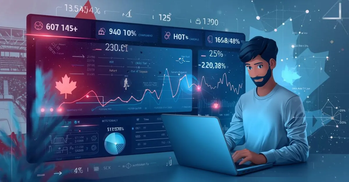 Illustration d’un parieur analysant des statistiques et graphiques de paris sportifs sur ordinateur, avec interface de données et éléments visuels liés au Canada.