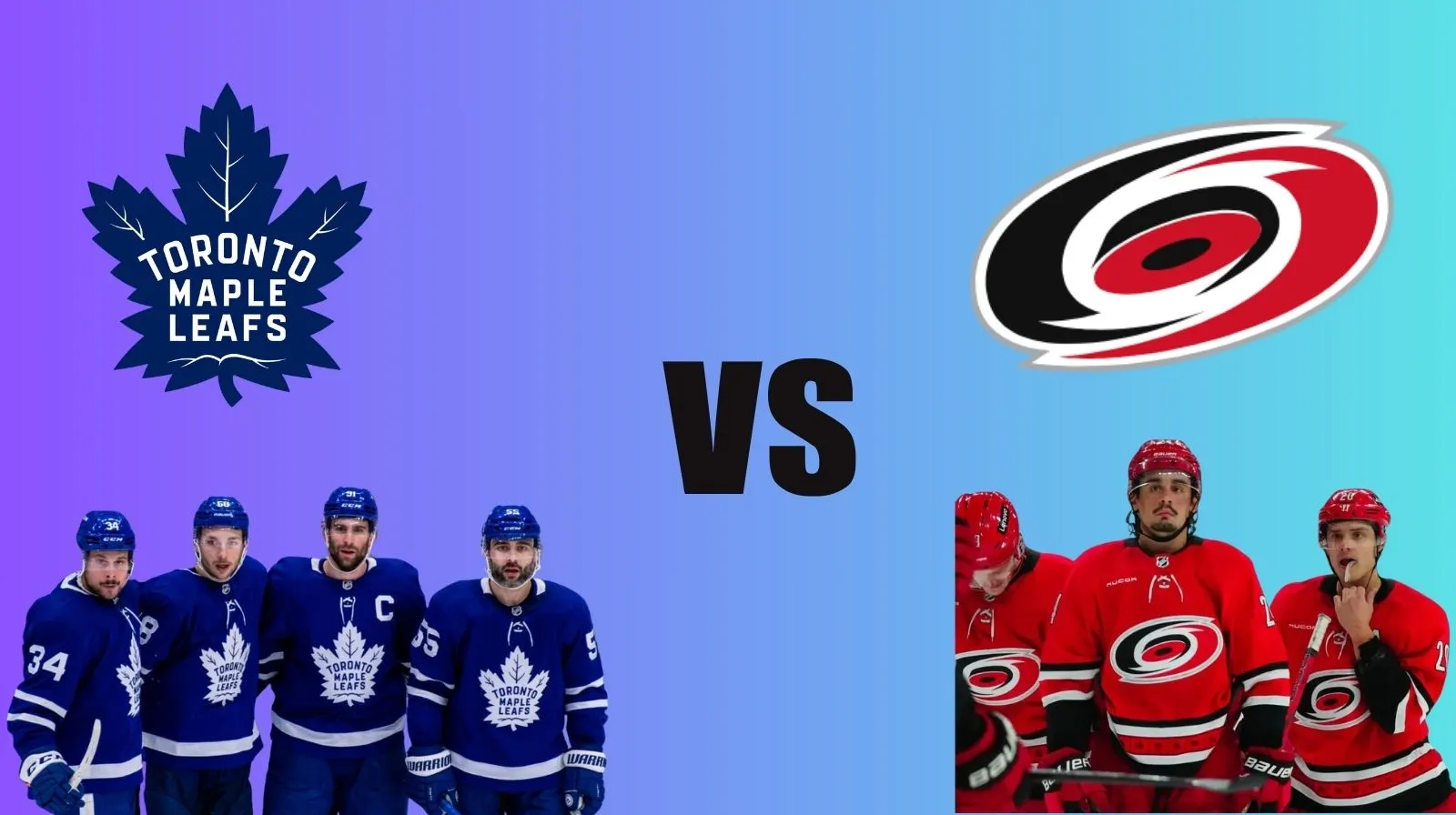 Affiche de hockey opposant Toronto Maple Leafs et Carolina Hurricanes avec logos et joueurs des deux équipes en uniforme.