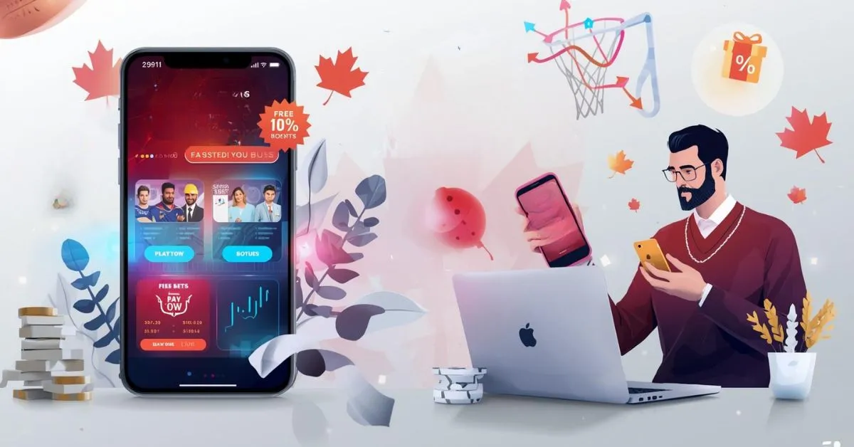 Scène créative de paris sportifs sur mobile avec bonus et promotions, montrant un utilisateur utilisant smartphone et ordinateur dans un environnement canadien stylisé.