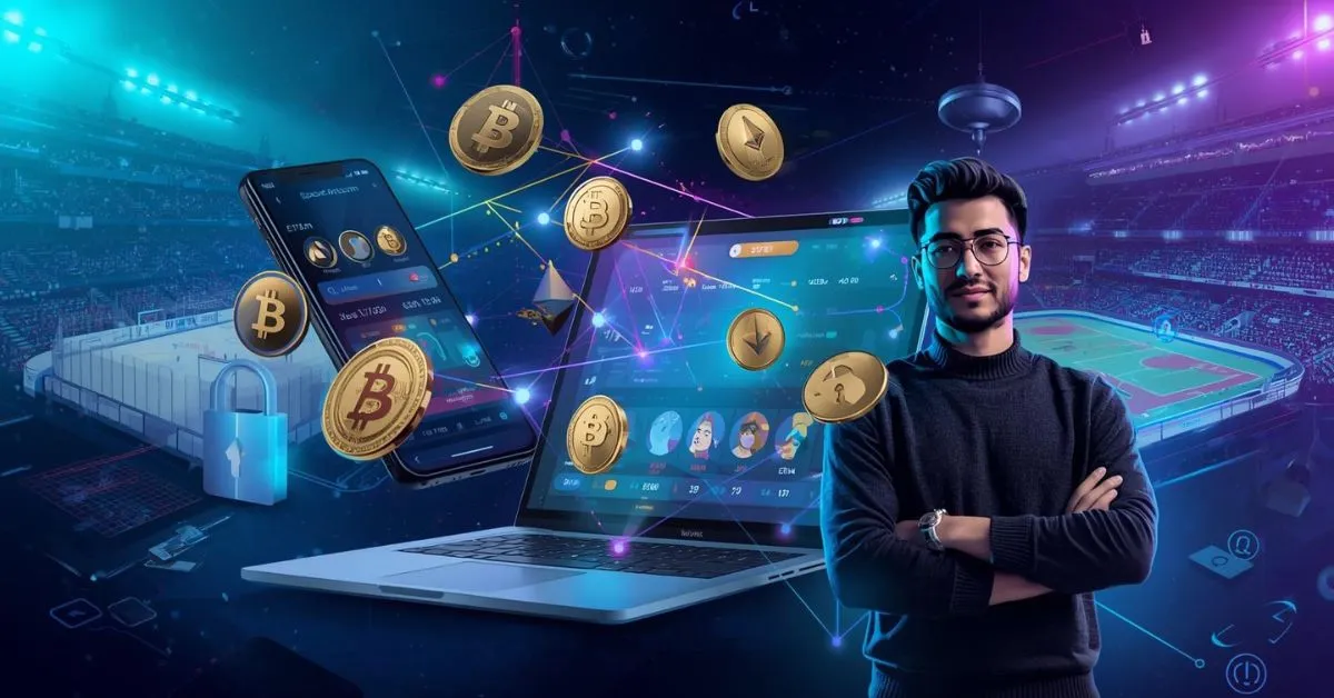 Scène futuriste de paris sportifs en cryptomonnaies avec smartphone, ordinateur portable et pièces de Bitcoin et Ethereum flottantes dans un stade.