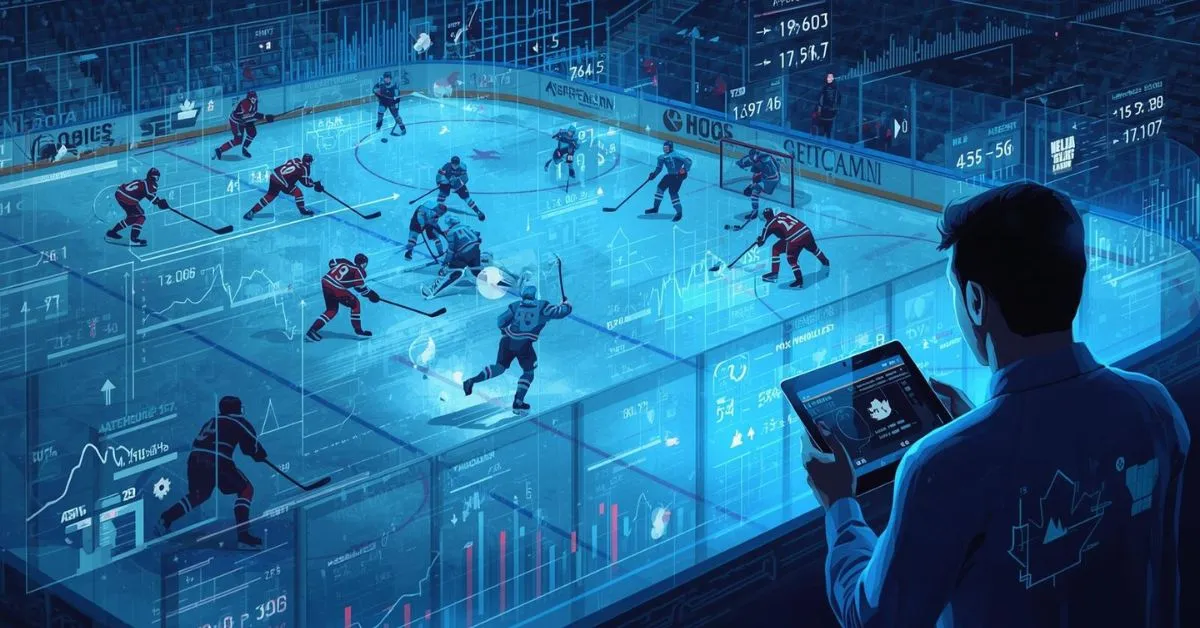 Illustration d’un match de hockey avec analyse de données en temps réel, montrant des statistiques avancées et un parieur utilisant une tablette pour suivre le jeu.