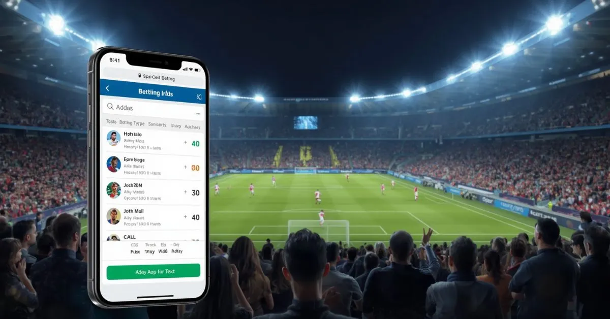 Smartphone displaying sports betting options in front of a packed soccer stadium with fans watching a live match under bright stadium lights.